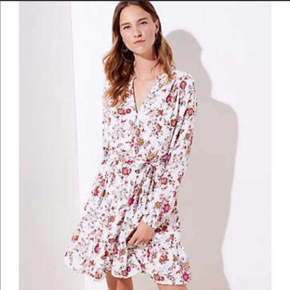 LOFT Floral Ruffle Hem Dress, SMALL - NWT